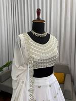 TENNECY Choli en Foux Georgette pour femme, style indien/pakistanais, pour fêtes d'hiver, broderie blanche, longueur cheville, séchage rapide, réversible
