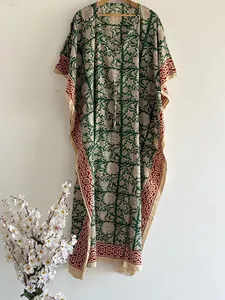 Elegante Vestido Kaftán de Algodón con Estampado Floral Verde, Cintura Ajustable, Estilo Bohemio, Holgado, Informal, para Mujer, Vestido de Verano - Product Image 2