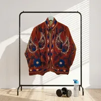 Blouson Bomber en Velours Suzani Broderie Florale Tricotée Col Montant Manches Longues Respirant Coupe-Vent Hiver Automne Femme
