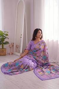<b>Purple</b> Floral Embroidered Rayon <b>Saree</b> With Lace Border Traditional Indian Wear For Women All Seasons - Product Image 2