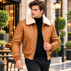 Wholesale <b>Men's</b> <b>Brown</b> Studded Moto Bomber <b>Jacket</b>, Embossed <b>Leather</b> Look, Plush Shearling Fur Collar, Custom OEM/ODM Winter Wear - Product Image 2