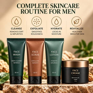 Kit Essentiel Visage Homme OEM/ODM 4 Pièces : Nettoyant, Exfoliant, Lotion & Crème – Parfum et Design d'Emballage Personnalisables - Product Image 3