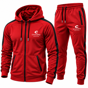 CHAMPS Men's Winter Sublimation Hooded Tracksuit Full <b>Zip</b> Jacket <b>Jogger</b> Set Sporty Athletic Wear Solid Color Breathable - Product Image 1