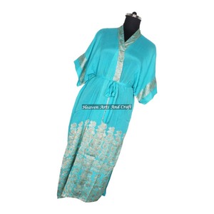 KL006 Kimono Sari Vintage de Alta Calidad, Túnica Larga para Mujer, Otoño Invierno, Estilo Bohemio, Mezcla de Seda, Cuello en V, Cierre con Cordón - Product Image 1