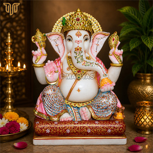 Estatua de Ganesha de Mármol Puro con Arte Floral Pintado a Mano |   Ídolo de Lujo del Dios Ganesha |   Murti de Ganpati en Mármol Premium para Templo en Casa - Product Image 4
