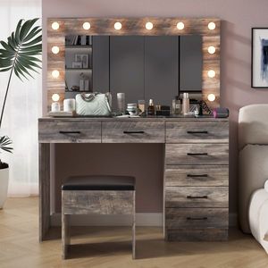 Large Lighted 12 LED <b>Mirror</b> Makeup Vanity Desk Set with 7 Drawers Glass <b>Top</b> Power Outlet-Elegant Vanity <b>Table</b> - Product Image 1