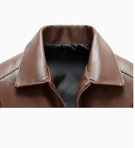 TRIBON SPORTS Men's Brown Cowhide <b>Leather</b> Bomber <b>Jacket</b> Stand Collar Zipper Closure Regular Fit Breathable Casual <b>Winter</b> Premium - Product Image 4