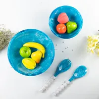 Set Peralatan Sajian Salad Resin Poles Buatan Tangan dengan Pola Efek Marmer Aqua Swirl Termasuk Garpu dan Sendok untuk Penggunaan Peralatan Dapur