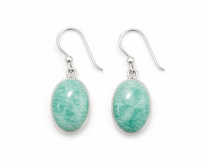 Natural Amazonite Gemstone Drop Earrings 925 <b>Sterling</b> <b>Silver</b> Oval Cabochon Ear <b>Wire</b> Handmade Third Party Certified Jewelry Women - Product Image 1
