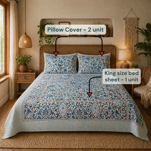 Jaipur Hand <b>Block</b> Printed Pure Cotton Indian Boho White <b>Bed</b> Sheet Set King Size Non Toxic Dyes Sustainable Flowers Hospital - Product Image 6