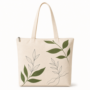 Leaf Print Canvas & Cotton <b>Tote</b> <b>Bag</b> PP Webbing Zipper Shoulder Handle <b>Medium</b> Size Reusable Shopping Carryall for Daily Travel - Product Image 1