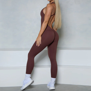 Mono de yoga para mujer, de cintura alta, color marrón liso, sin mangas, con cuello halter, cremallera frontal, largo completo, transpirable, de alta elasticidad, de secado rápido, ajustado. - Product Image 2