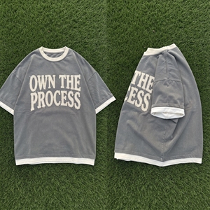 เสื้อยืดปักลายสองชั้นสไตล์วินเทจทรงหลวมแฟชั่น 2 in 1 เสื้อยืดแขนสั้นสตรีทแวร์ผ้าฝ้าย 100% - Product Image 1