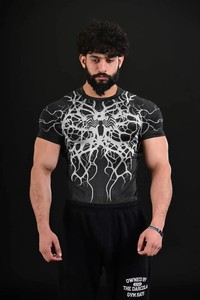 <b>Men's</b> <b>White</b> Short Sleeve Compression <b>T</b>-<b>Shirt</b> <b>Slim</b> <b>Fit</b> O-Neck Spider Web Pattern Sporty Top Quick Dry Spandex Front Logo - Product Image 4