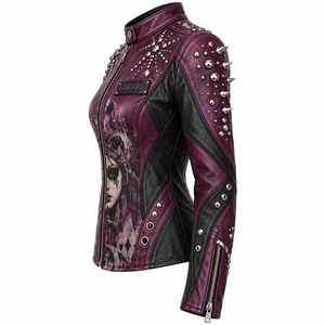 Purple Black Genuine Leather Jacket Jester Graphic Print Spike <b>Stud</b> Collar Snap Stand Biker Coat Custom Manufacturer Service - Product Image 4