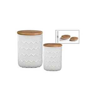 Modern Ceramic Canister Set Wooden Lid Geometric Embossed Airtight <b>Storage</b> <b>Jars</b> Luxury <b>Kitchen</b> Counter Organizer Collection - Product Image 3