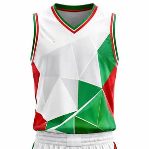 Ensemble d'uniformes de basketball personnalisés pour hommes, blanc, rouge, vert, col en V, sans manches, maillot et short, imprimé géométrique, vêtements d'équipe, vente en gros, vêtements de sport - Product Image 2
