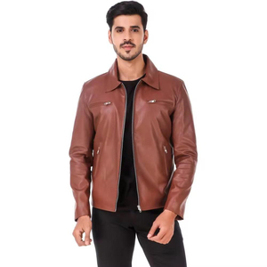 Veste en cuir en promotion, nouvelle arrivée, en cuir véritable, grande taille, pour moto, unie, avec poches, pour hommes - Product Image 1