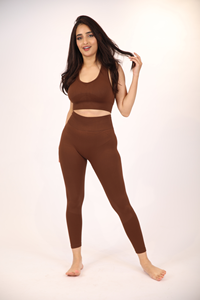 Ensemble de yoga 2 pièces : Leggings taille haute et brassière de sport dos nageur à encolure dégagée, sans couture, marron uni, respirant, pour l'entraînement - Product Image 4