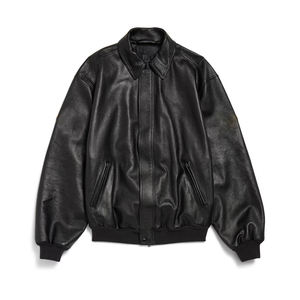 Men's Black PU Leather Bomber Jacket Turn-<b>down</b> Collar Zipper Closure Casual Style Regular Length Solid Color Loose Fit - Product Image 3