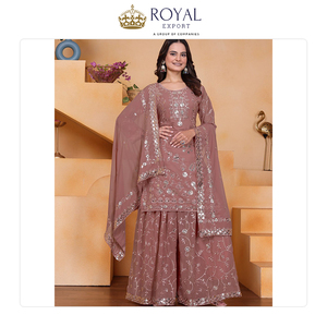 Collection de vêtements indiens de créateurs pour occasions festives, en faux georgette avec broderies de sequins, ensemble sharara, en promotion. - Product Image 5