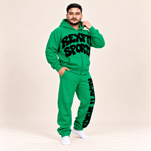Survêtements verts avec appliqué lettres noires, ensemble unisexe sweat à capuche zippé et pantalon de jogging, étiquette personnalisée, streetwear décontracté, vente en gros - Product Image 6