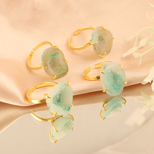 Luxury Fashion Jewelry Mode Joyas Women's 18k Gold Plated Brass Gemstone Raw Green Druzy Agate Punk <b>Adjustable</b> <b>Rings</b> Trendy - Product Image 4