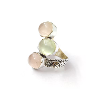 Handmade Boho 925 Sterling <b>Silver</b> <b>Ring</b> Natural Rose Quartz & Prehnite Artisan Multi-Stone <b>Statement</b> Jewelry - Product Image 2