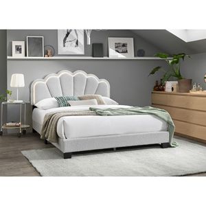 Letto matrimoniale bianco con LED, completamente imbottito, in tessuto di lana con testiera a design floreale, struttura resistente - Product Image 2