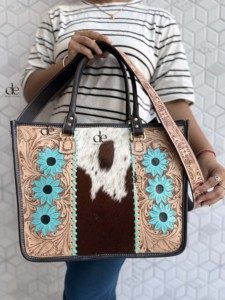 Western Pattern Cowhide Fur Tote Bag Stylish Leather Purse Hair on Hide Carving Hand Tooled Bags for Women's Multi Use - Product Image 3