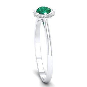 Anillo de compromiso y boda REYES de lujo, personalizado, con corte redondo, esmeralda de 0.5 quilates, solitario, en oro blanco macizo de 14 quilates, con diamantes, para ella. - Product Image 3