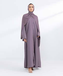 Elegant <b>Purple</b> Muslim Abaya Matching Hijab Long Sleeve Midi Modest <b>Dress</b> Women Daily Wear Breathable Lightweight - Product Image 1