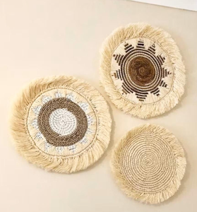 Étagère murale ronde minimaliste en jute naturel, style Art déco, avec motif vertical fleurs et plantes, décoration d'intérieur artisanale et durable - Product Image 4