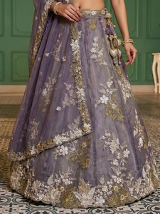 Purple Embroidered <b>Lehenga</b> Choli With Dupatta Floral Thread Work Heavy Organza Silk Wedding Outfit - Product Image 5