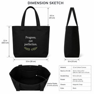 Bolsa de Tela con Diseño de Progreso, No Perfección, 15x12x6 Pulgadas, Negra, Cierre Magnético, Bolsillo Interior, Bolsa de Compras - Product Image 2