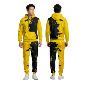 Conjunto Deportivo de 2 Piezas con Capucha, Amarillo y Negro, con Logotipo Estampado en la Parte Delantera, Absorbente de Sudor, 100% Poliéster, Pantalones Deportivos con Cierre de Cremallera y Forro Polar - Product Image 1