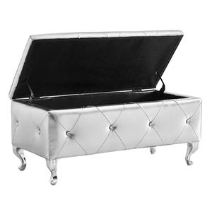 Faux Leather Rectangular <b>Storage</b> Ottoman Bench for Bedroom Upholstered End Bed Footrest with Crystal Buttons <b>Stools</b> & Ottomans - Product Image 3