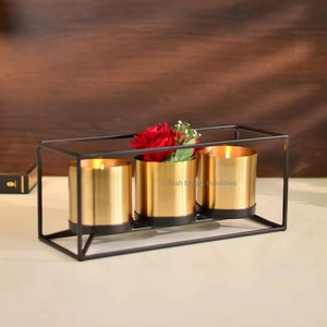 Nouvel arrivage Jardinières d'herbes aromatiques de bureau en laiton doré 3 pots Bougeoir Centres de table Décoration de salon Jardinières avec support - Product Image 1