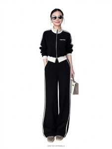 ONETEN <b>Women</b> <b>Black</b> White Color Block Tracksuit Set Turtleneck Zipper Jacket Wide Leg <b>Pants</b> Sporty Loose Fit Lightweight - Product Image 1