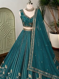 Teal Embroidered Stitched <b>Star</b> Georgette Lehenga Choli Set for Women Floor-Length Heavy <b>Mirror</b> Work Traditional Wedding Party - Product Image 3