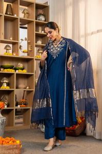 Designer Satori <b>Silk</b> <b>Kurta</b> With Cotton Lining Hand Embellished Neckline Maharaja <b>Silk</b> Pants Zari Stripe Banarasi Dupatta Ready - Product Image 5