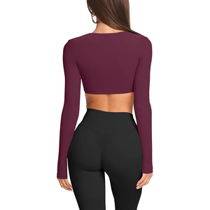 <b>Women</b> Seamless Solid Color <b>Long</b> Sleeve Yoga <b>Top</b> Crew Neck Cut-Out Design Activewear High Waist Shorts Set - Product Image 2