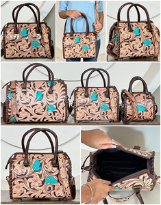 2026 Wholesale Hand <b>Tooled</b> Floral <b>Leather</b> Top Handle Crossbody Duffel Bags Genuine Cow <b>Leather</b> Large Capacity Women's Travel Bag - Product Image 2