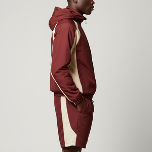 Ensemble short et haut pour homme, couleur beige bordeaux, manches longues, capuche, fermeture éclair, vêtements de sport respirants, design vintage 2 en 1, vêtements d'été - Product Image 3