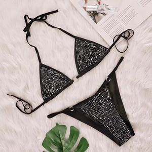 <b>Sexy</b> Solid Color <b>Bikini</b> Pearls Jewelry Decor Tie Backless Two-Piece String Swimsuit <b>Set</b> Front Logo 100% Polyester Pool Parties - Product Image 2