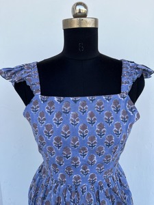 Open Back Square Collar Woven Cotton Breathable A-Line <b>Maxi</b> <b>Dress</b> <b>Flutter</b> <b>Sleeve</b> Summer Boho Floral Block Print Ruffle Strap - Product Image 4