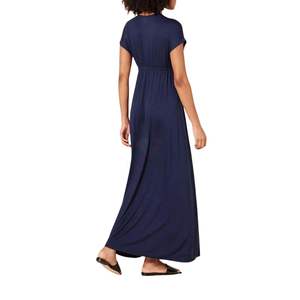 Robe longue décontractée bleu marine à col en V et manches courtes, coupe ample, en mélange de coton, pour femme, idéale pour le quotidien, fournisseur en gros - Product Image 2