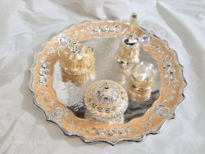 Ensemble de thali de luxe plaqué argent avec émail antique, plateau de service en métal décoratif, cadeau religieux pour la maison et les mariages - Product Image 6