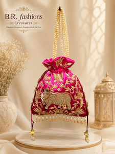 B.R. FASHIONS Beautifully Handcrafted Silk <b>Clutch</b> Satin Lining Drawstring Closure Ring Strap Cow Theme <b>Hot</b> Pearls Wedding - Product Image 1