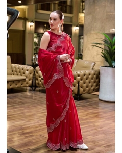 KV Elegant <b>Red</b> Shimmer Chiffon with Fine Embroidery <b>Saree</b> With Unstitched Blouse - Product Image 3